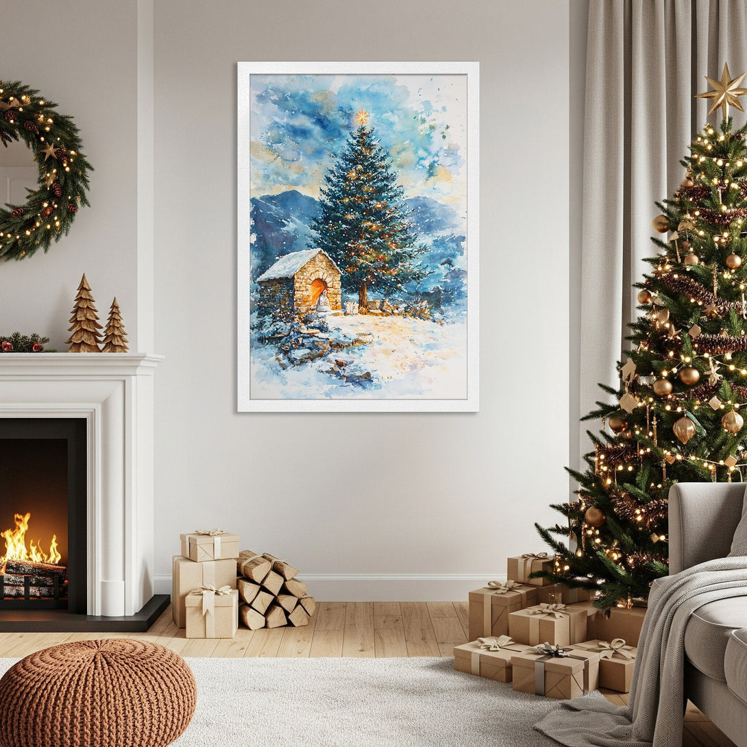 Framed Poster featuring a watercolor Christmas scene with a snowy cabin and tree. Beautiful blue, green, and gold color palette. Perfect holiday decor.