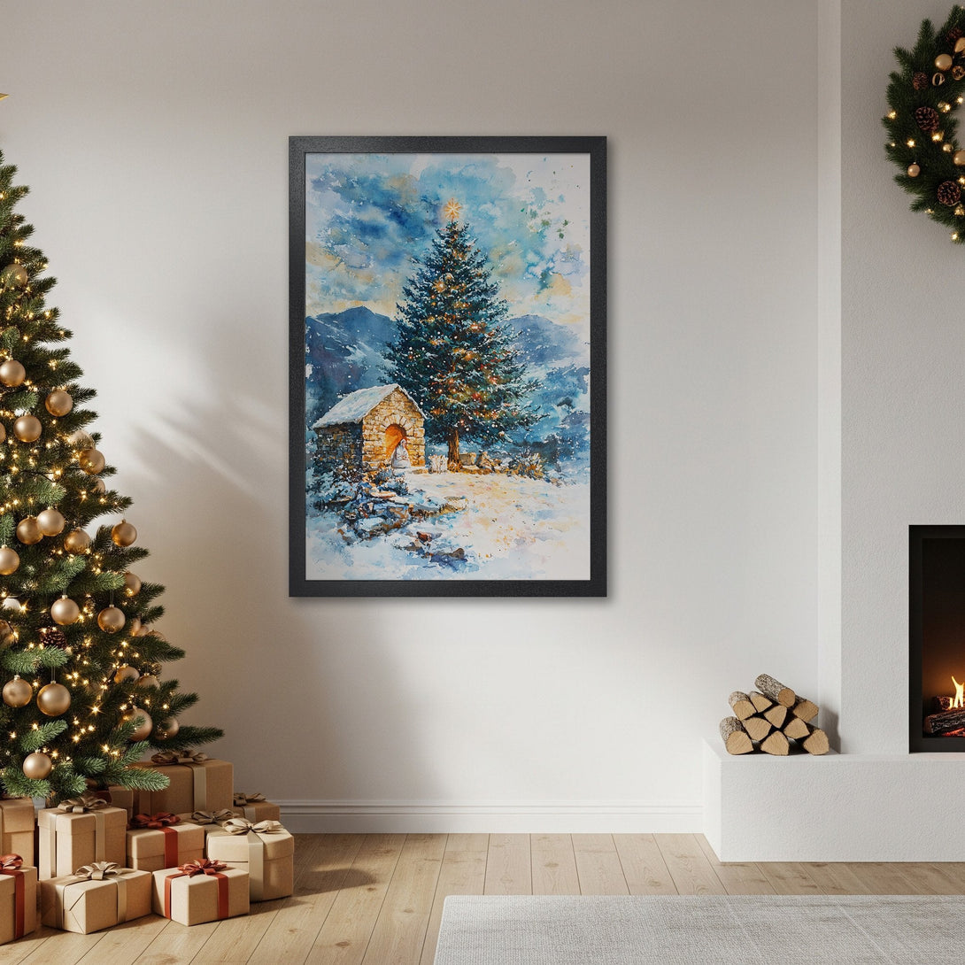 Framed Poster of a watercolor Christmas scene with a tree and snowy landscape. Features a blue, gold, and white color palette. Perfect holiday decor!