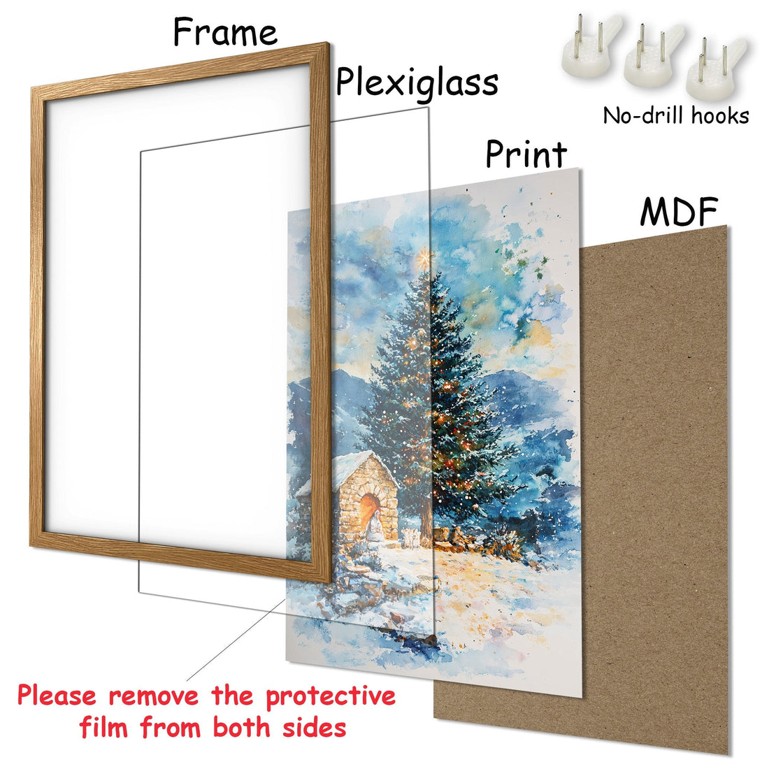 Framed Poster featuring a watercolor Christmas scene with a snowy tree, in a blue and white palette. Perfect holiday decor!