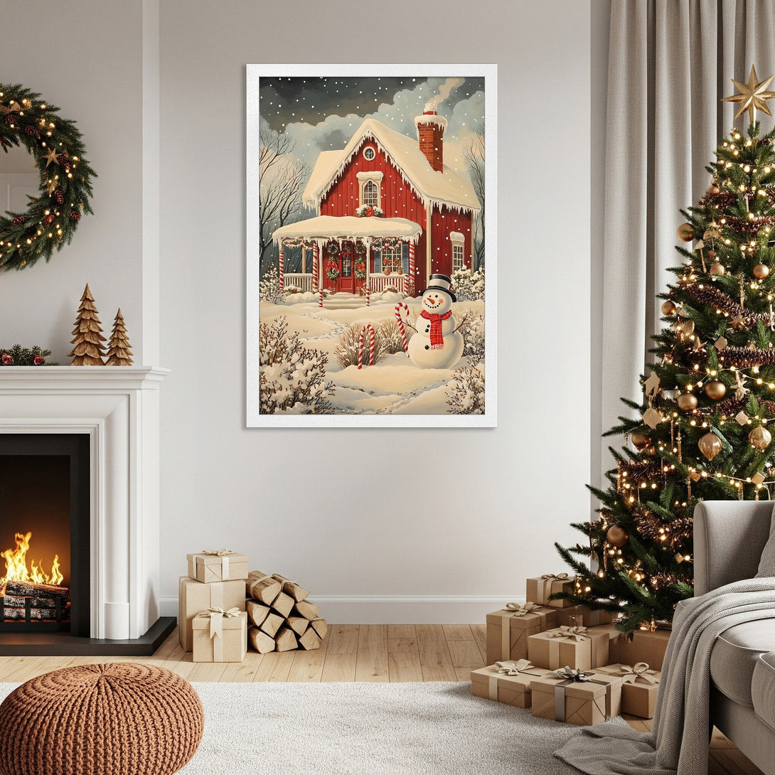 Framed Poster featuring a cozy winter cabin scene in a charming, vintage style with a warm red, white, and green color palette. Perfect holiday decor!