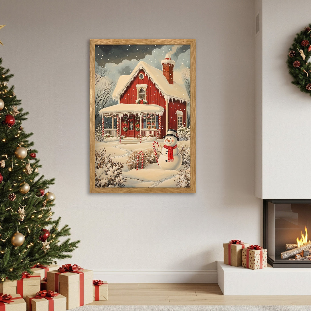 Framed Poster featuring a cozy winter scene with a red house, a snowman, and a snowy landscape. Warm, inviting color palette. Perfect for holiday decor.