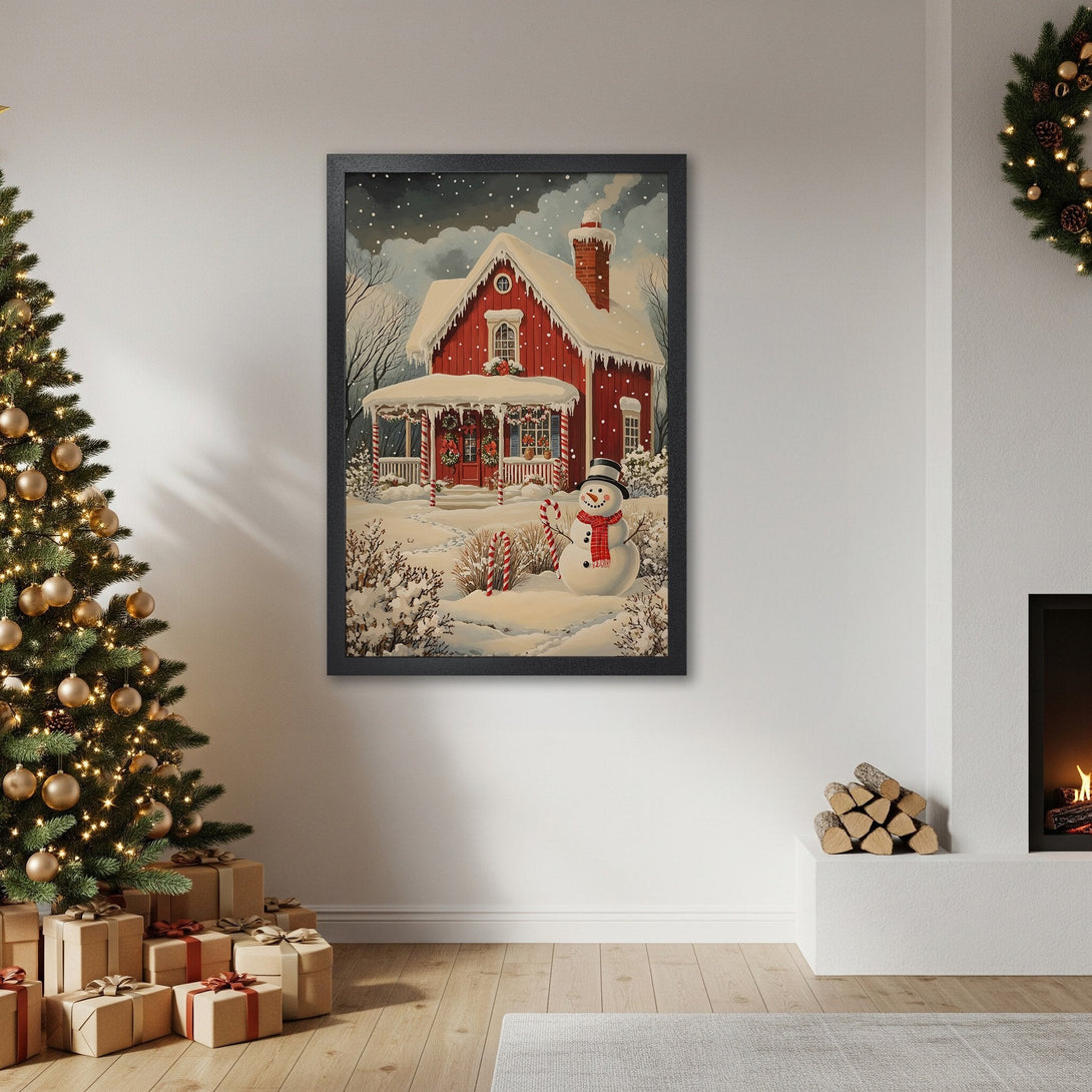 Framed Poster featuring a cozy red winter house scene. Charming painting style with a festive color palette. Perfect Christmas decor!