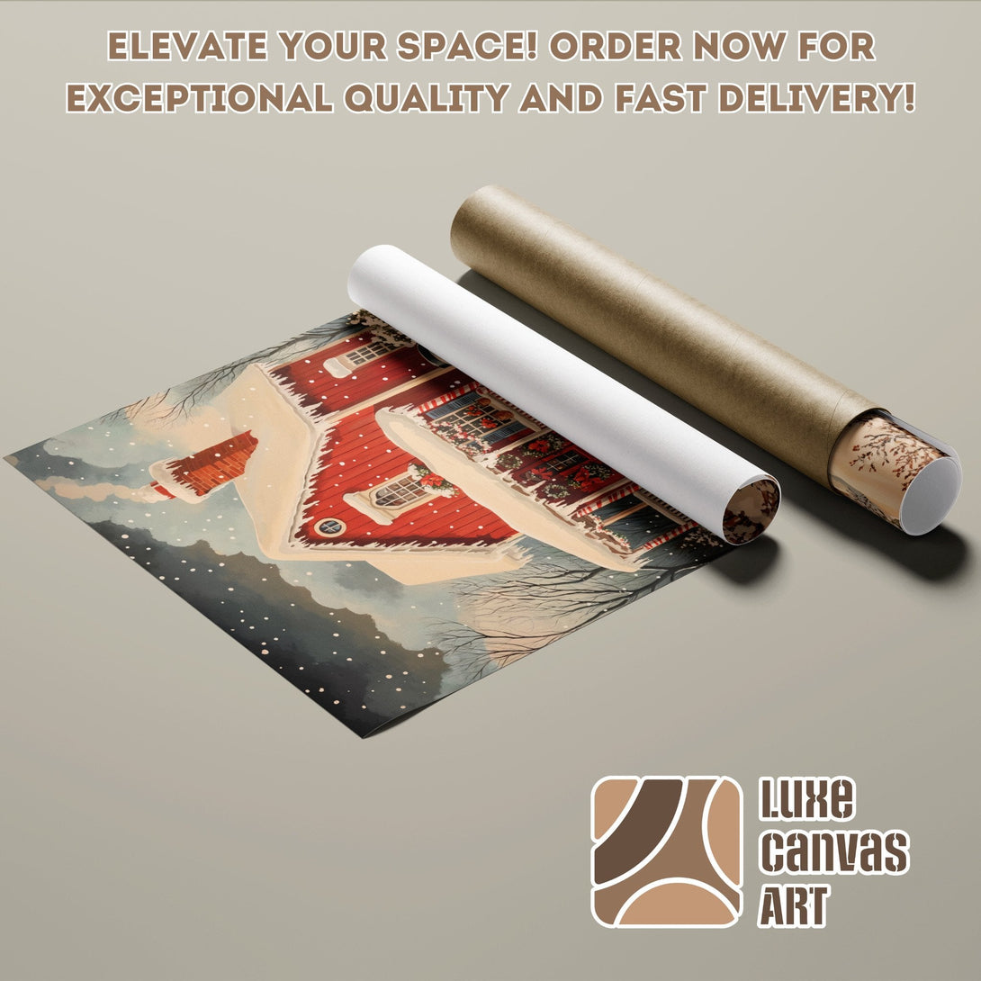 Poster Roll of a winter scene house painting, warm colors, perfect for home decor.