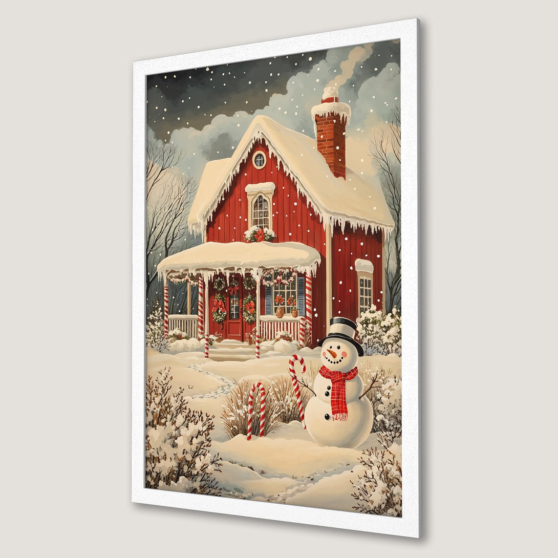 Framed Poster of a cozy winter scene with a red house, snowman, and snow. Warm, inviting colors perfect for holiday decor.