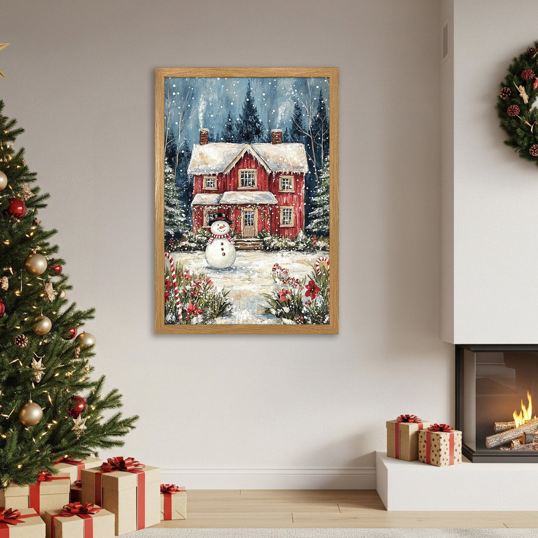 Framed Poster of a snowy red house with a snowman. Cozy winter art in a warm color palette. Perfect Christmas decor.
