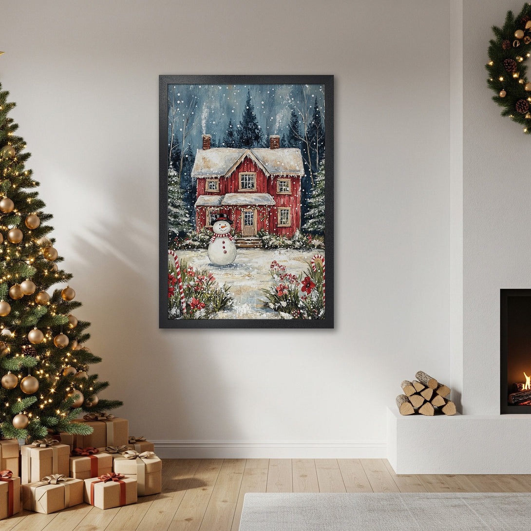 Framed Poster featuring a cozy winter scene with a red house and snowman. Warm, inviting style with a blue, red, and white color palette. Perfect holiday decor!