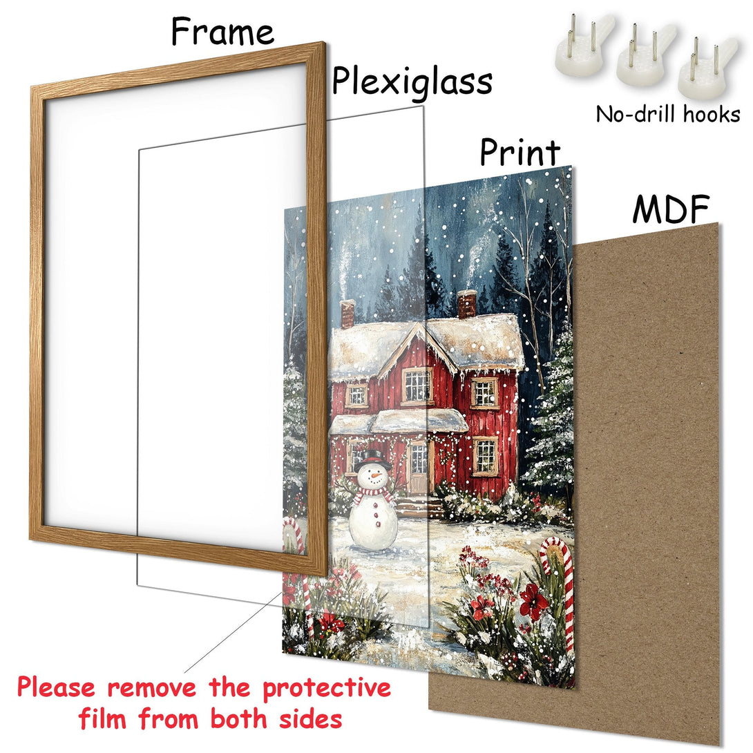 Framed Poster featuring a winter scene with a red house and snowman. Cozy art in a blue, white, and red color palette. Perfect holiday decor!