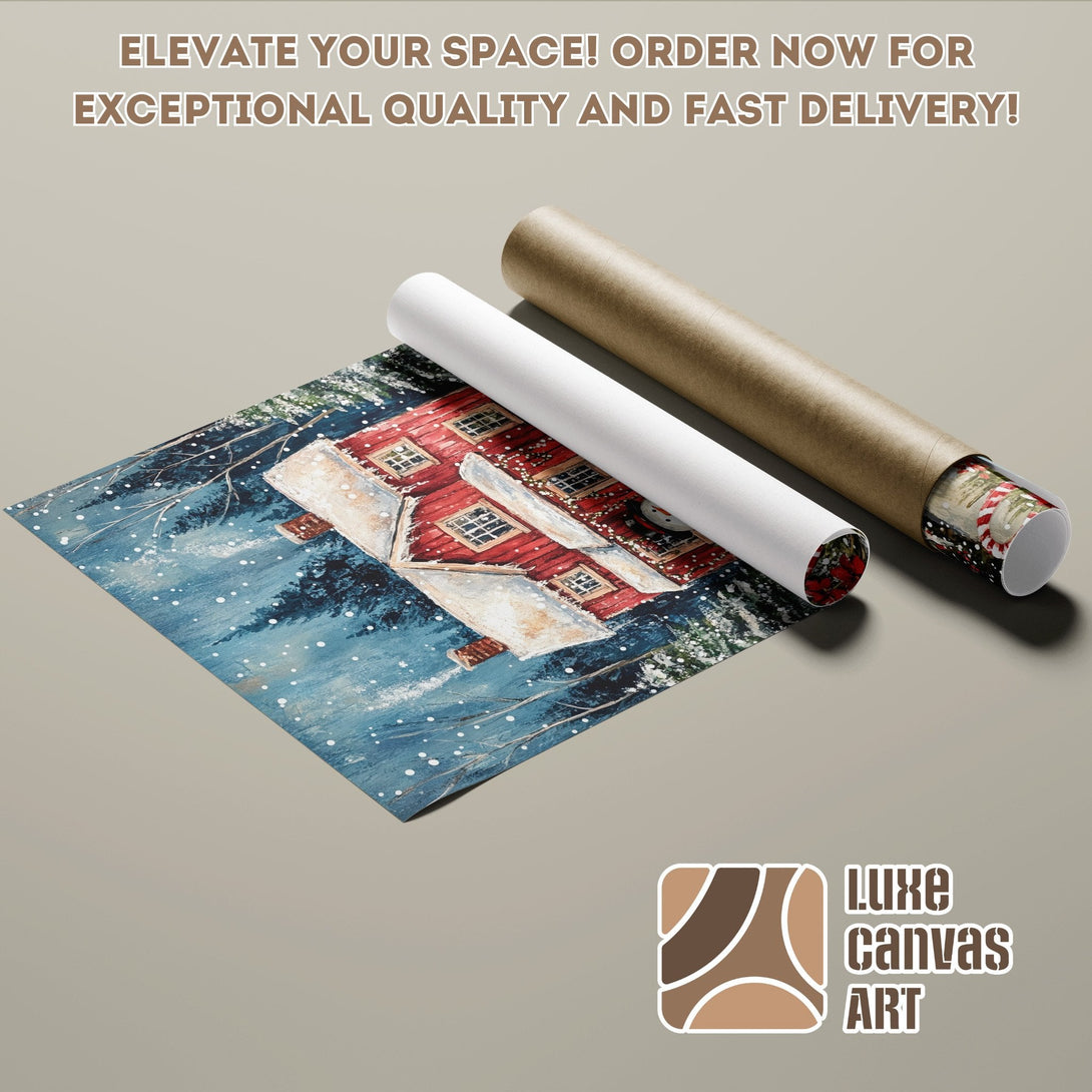 Poster Roll of a winter scene painting in blue and red tones. Elevate your space with art!