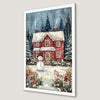 Winter Wonderland Art Poster: Red House and Snowman