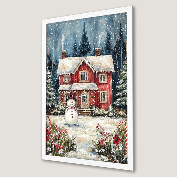 Framed Poster featuring a cozy winter scene with a red house, snowman, and snowy forest, in a warm, inviting color palette. Perfect holiday decor!