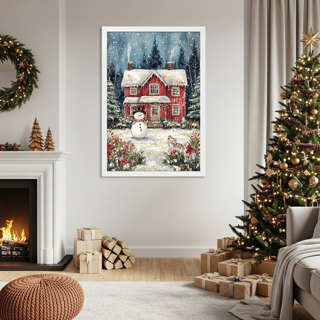 Framed Poster of a cozy winter scene with a red house and snowman, in a watercolor style with a blue and red color palette. Perfect holiday decor!