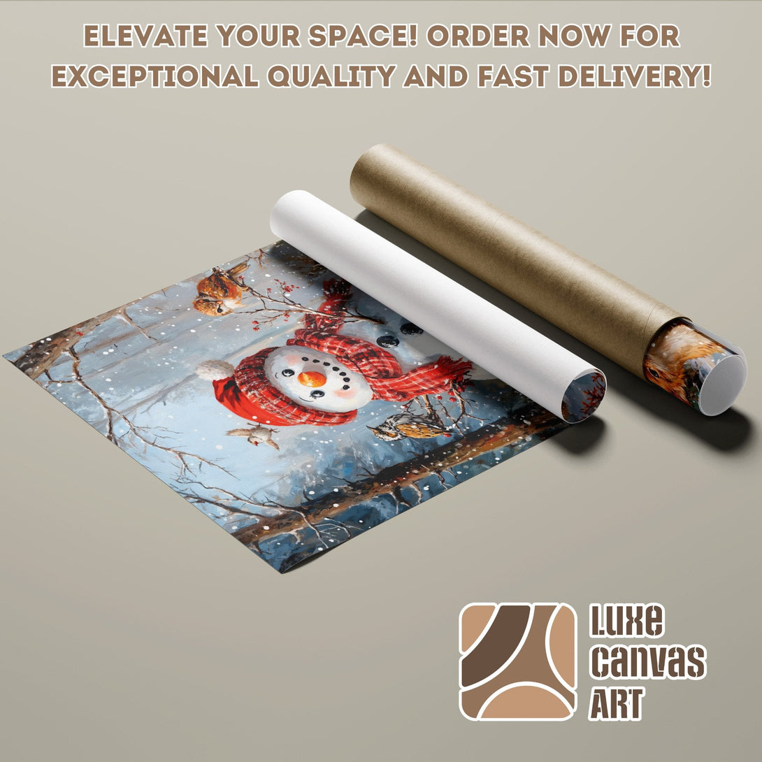 Winter-themed Poster Roll featuring a snowman, birds, and a blue, red, and white color palette. Elevate your space!