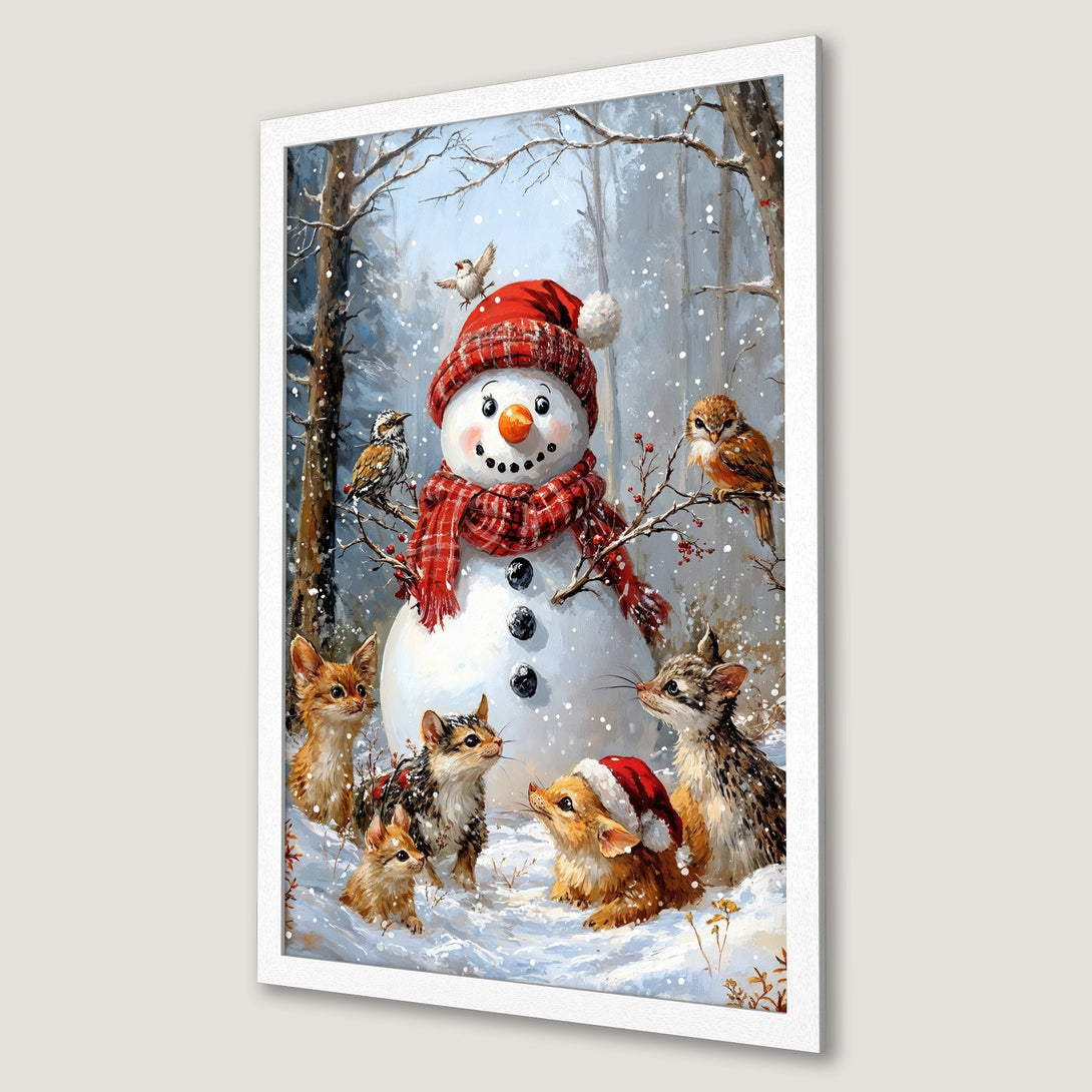 Framed Poster featuring a snowman with animals in a winter scene. Whimsical style, warm red and brown palette. Perfect holiday decor!