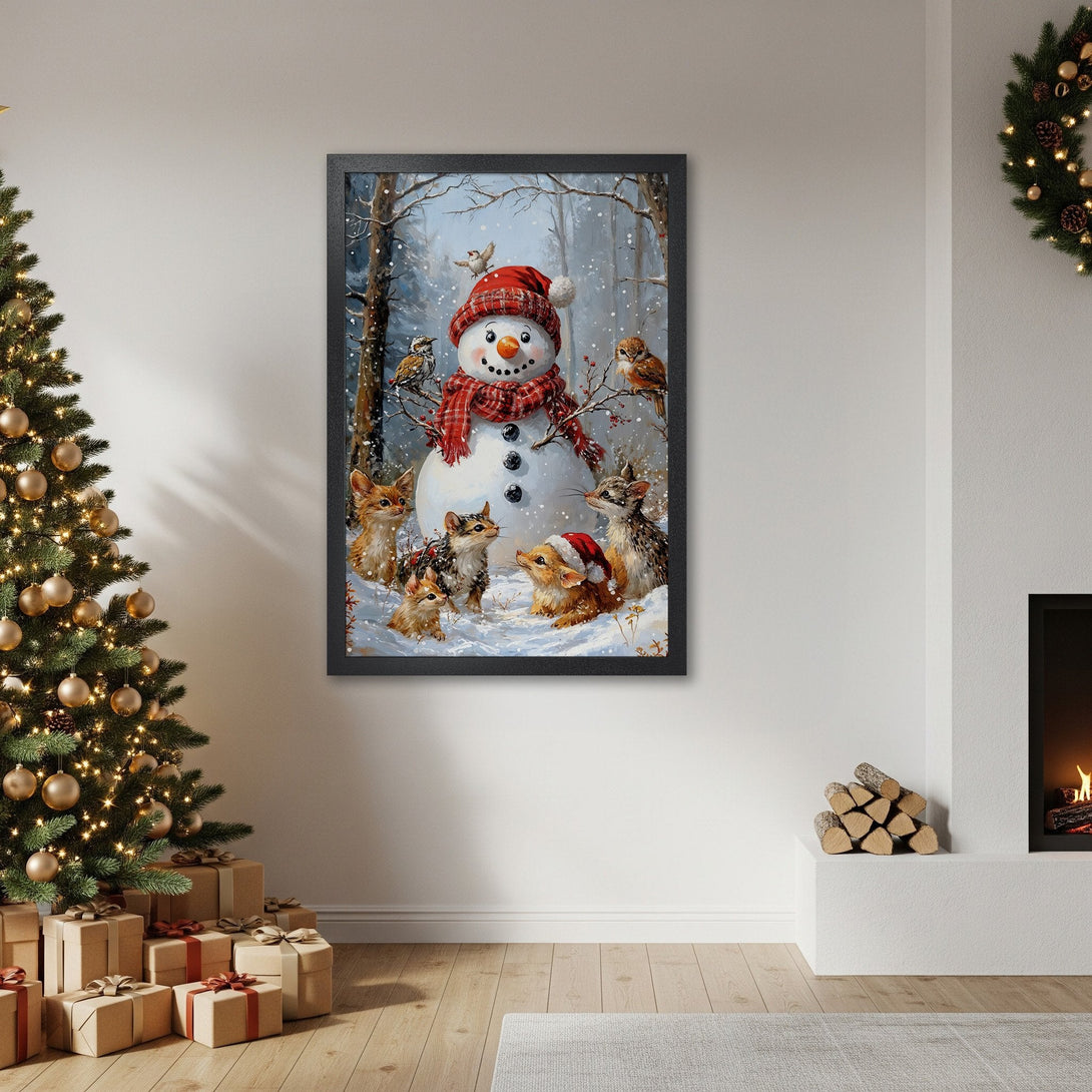 Framed Poster of a whimsical snowman and animal friends in a snowy forest scene. Festive art with a warm, wintery color palette. Perfect holiday decor!
