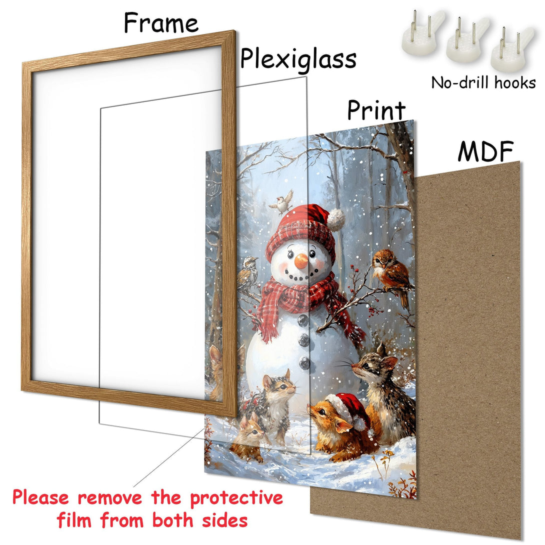 Framed Poster of a whimsical snowman and animals in a snowy forest scene. Warm, wintery color palette. Perfect holiday decor!