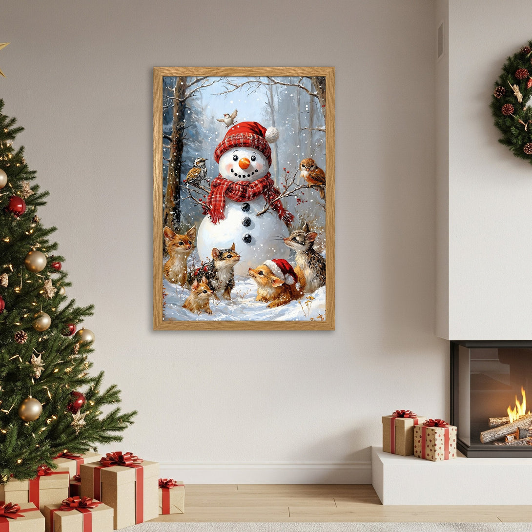 Framed Poster featuring a whimsical snowman and animals in a winter scene. Charming art with a cozy, festive color palette. Perfect Christmas decor!