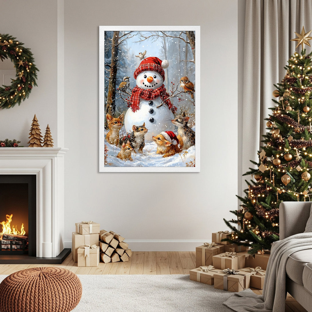 Framed Poster featuring a whimsical snowman and animal friends in a snowy scene. Charming illustration with a warm, festive color palette. Perfect holiday decor!