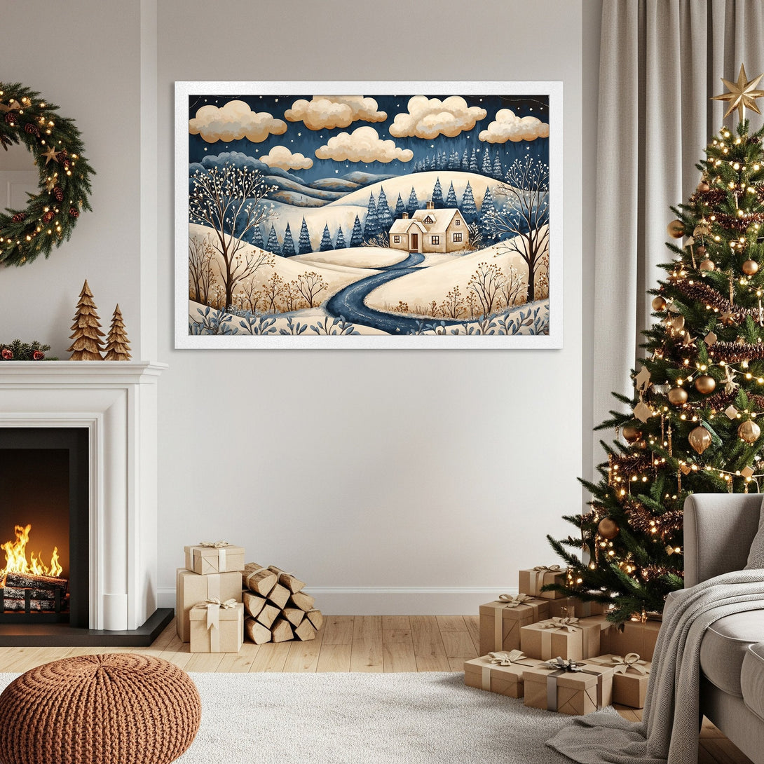 Framed Poster of winter landscape art in blue and beige tones. Perfect holiday decor!