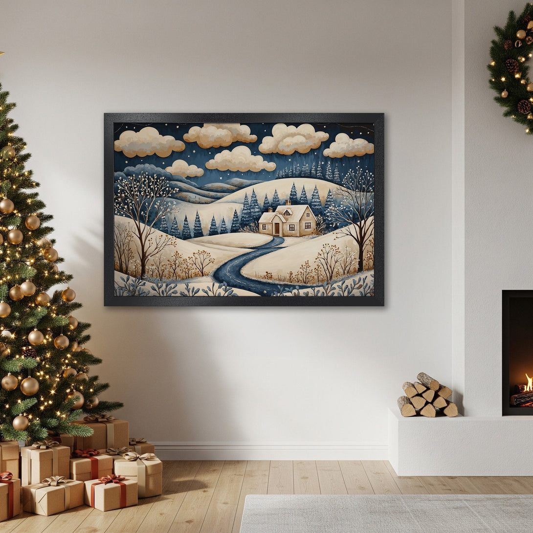 Framed Poster of a winter landscape in watercolor style with blue, white, and brown tones. Perfect for holiday decor!