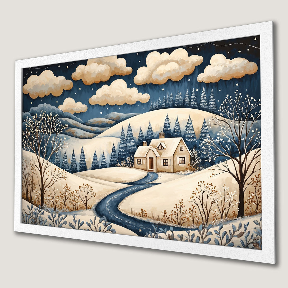 Framed Poster of a winter landscape with a cozy cottage. Watercolor style art with a blue, beige, and brown color palette. Perfect for home decor!
