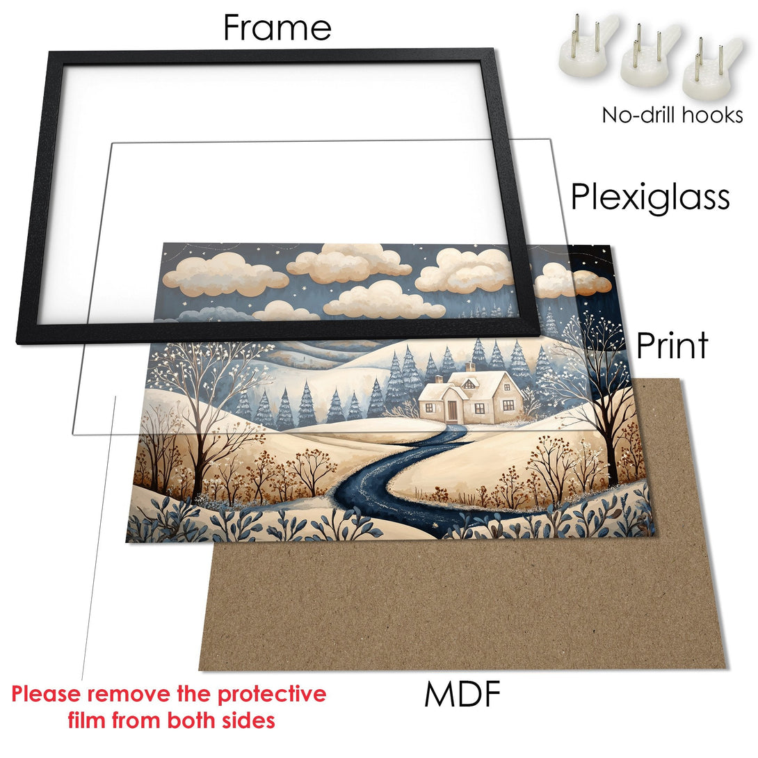 Framed Poster: Winter landscape art print in a black frame. Features a cozy cabin, cool blue & beige color palette. Ready to hang!