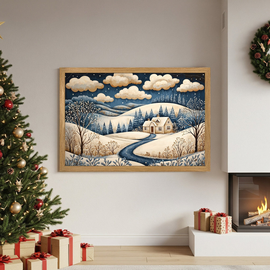 Framed Poster of winter landscape in blue and beige tones. Perfect holiday decor!