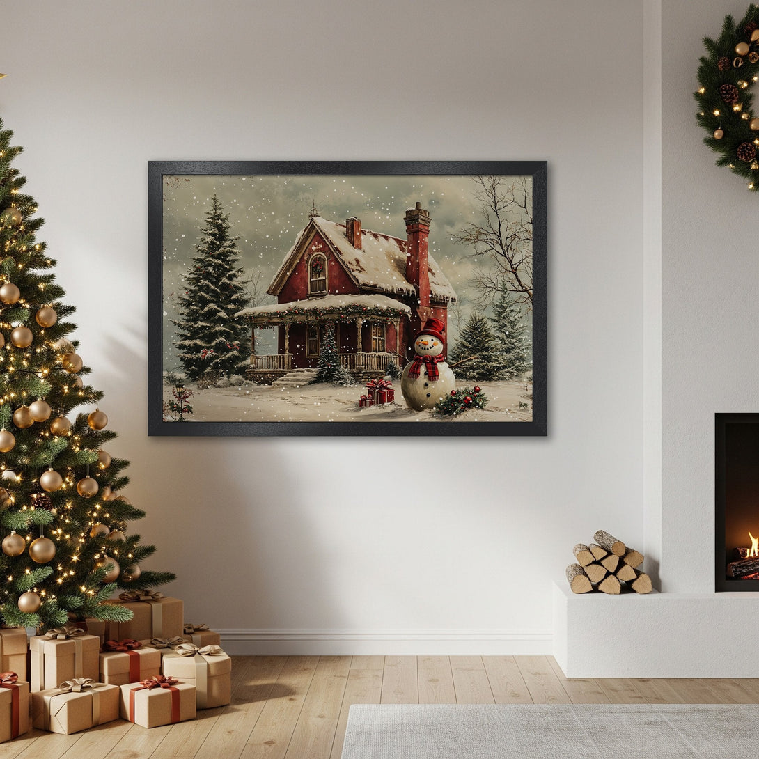 Framed Poster of a cozy winter scene with a red house and snowman. Warm, inviting style with a neutral color palette. Perfect holiday decor!