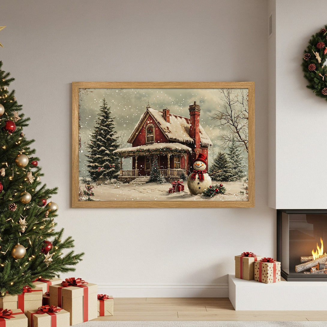 Framed Poster featuring a cozy winter scene with a red house and snowman. Vintage style, warm red and neutral color palette.
