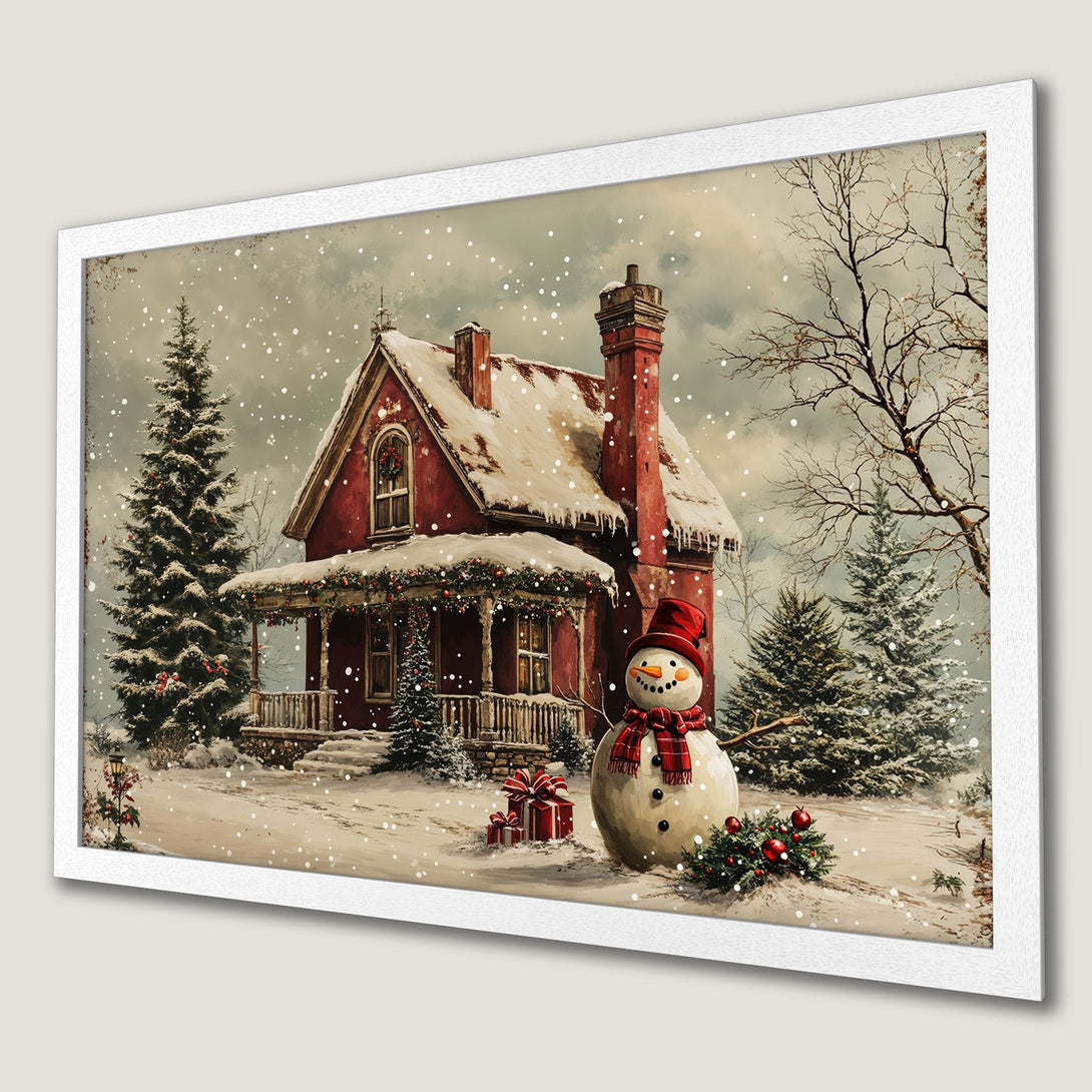 Framed Poster featuring a winter scene with a red house, snowman, and snow. Warm, nostalgic style with a red, white, and green color palette. Perfect holiday decor!