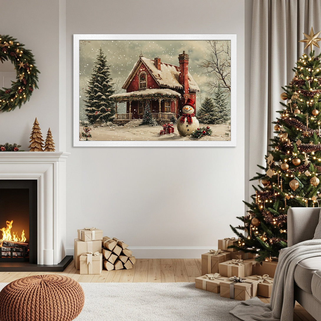 Framed Poster featuring a cozy winter scene with a red house and snowman. Vintage style, warm red, green, and white color palette. Perfect holiday decor.