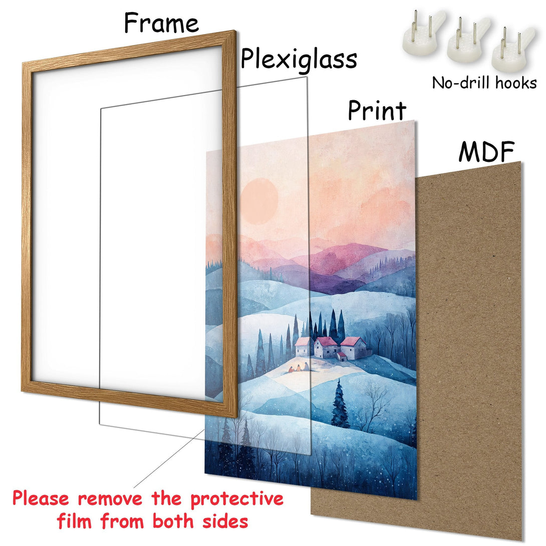 Framed Poster: Watercolor landscape art in blue, pink, and white hues. Perfect wall decor for any room. Easy to hang!