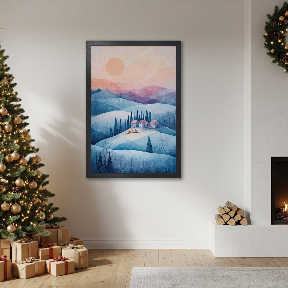 Framed Poster featuring a winter landscape in watercolor style with a blue and pink color palette. Perfect for home decor!