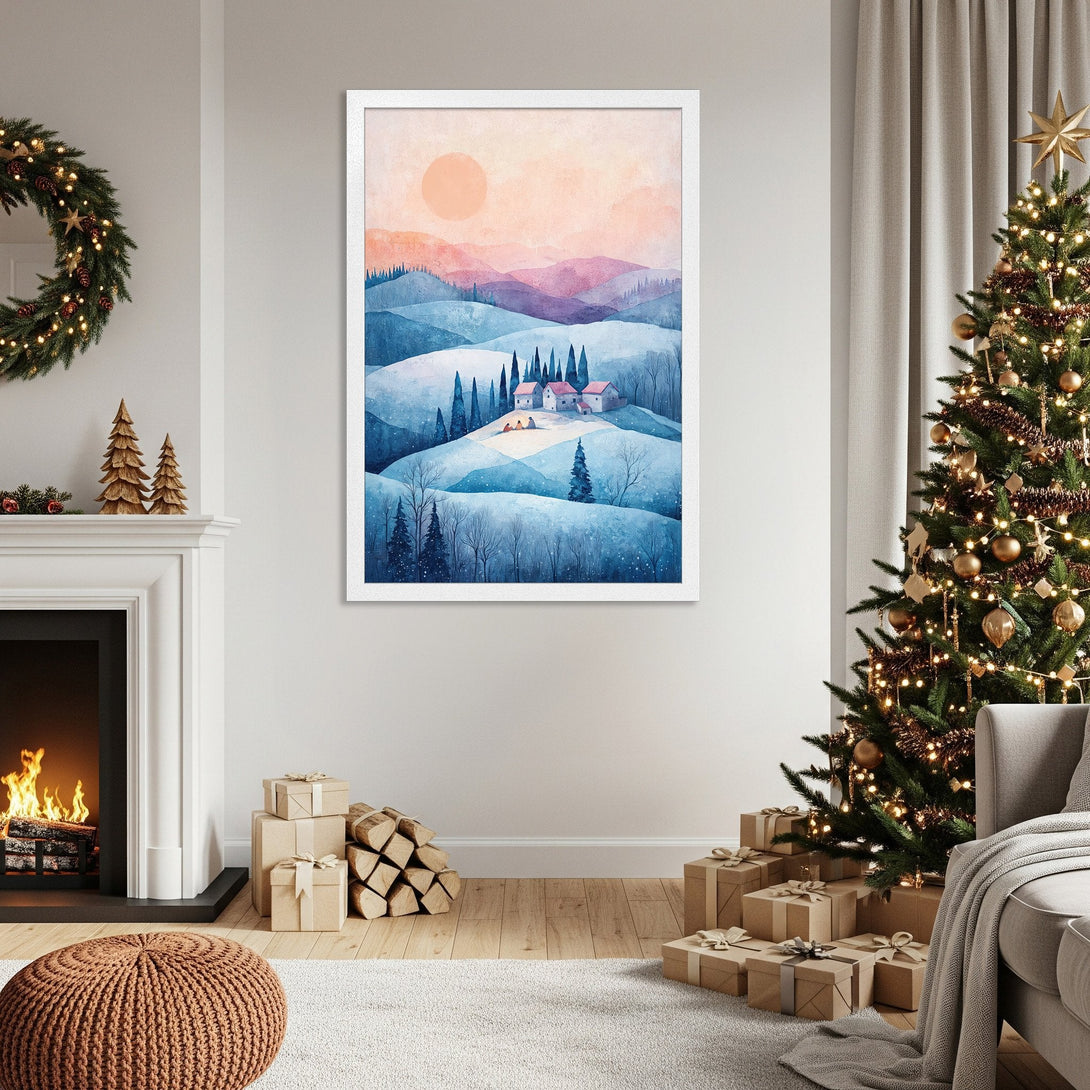 Framed Poster of a winter watercolor landscape in blue and pink hues. Perfect for holiday decor!