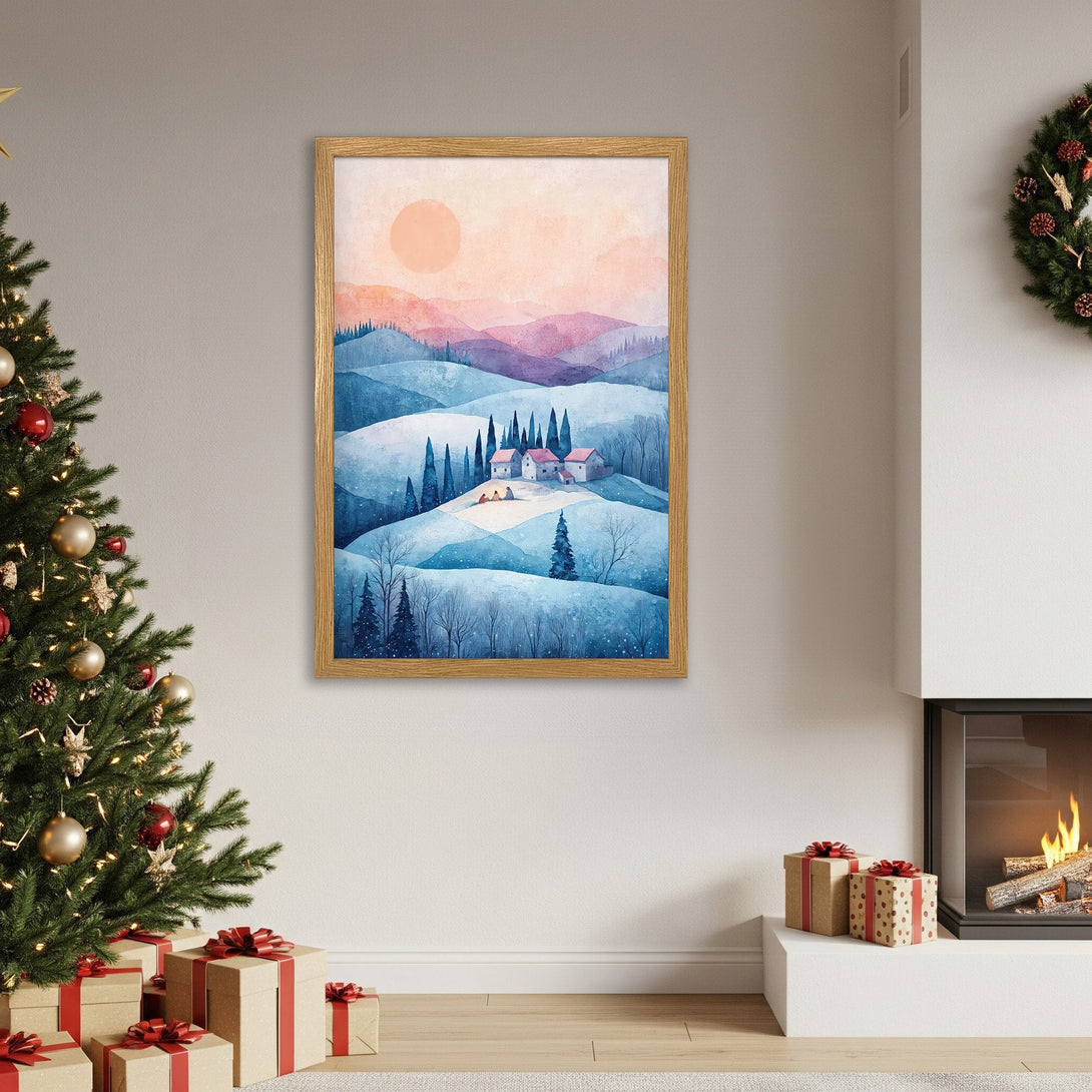 Framed Poster of a winter landscape in watercolor style, featuring a blue and pink color palette. Perfect wall art for the holidays!