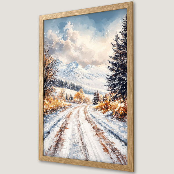 Framed Poster of a snowy winter landscape painting in a warm, inviting color palette. Perfect wall art for your home!