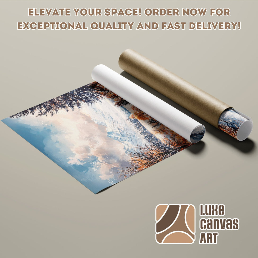 Mountain landscape Poster Roll, blue, orange, and brown tones, ready to elevate your space!