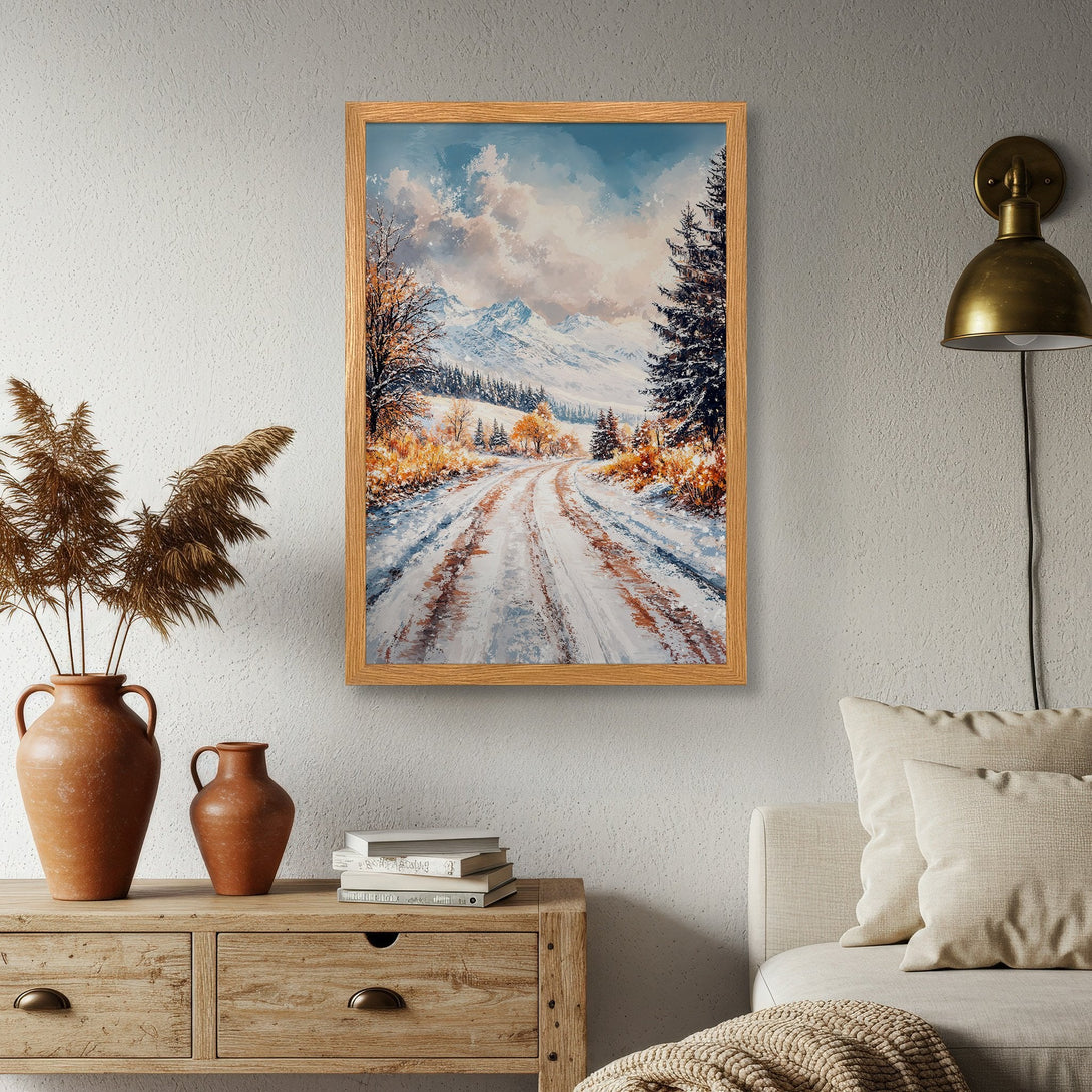 Framed Poster of a snowy winter landscape painting. Features a warm color palette and impressionistic style. Perfect for home decor.