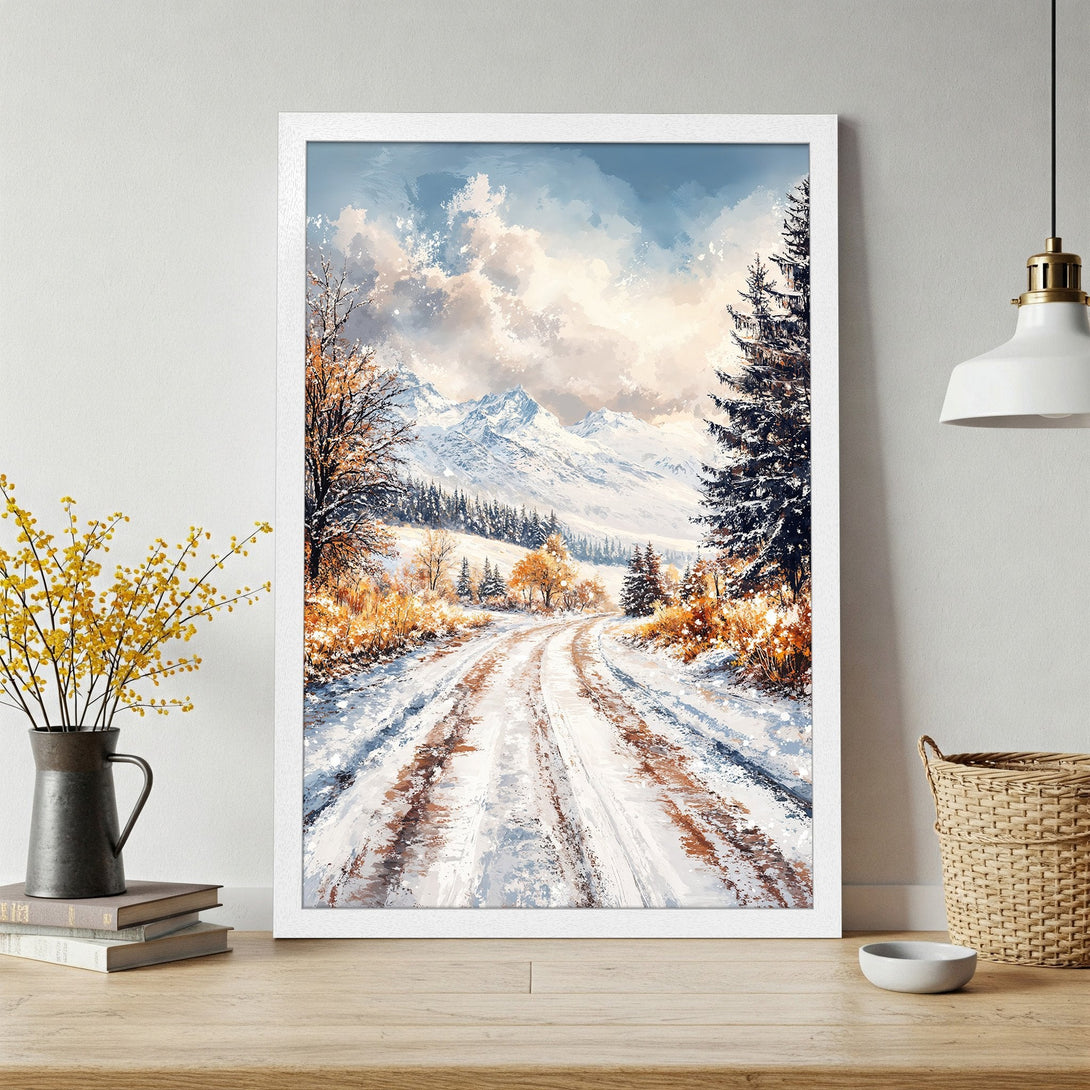 Framed Poster featuring a winter landscape painting with snowy road, mountains, and trees. Artistic style, warm and cool color palette.
