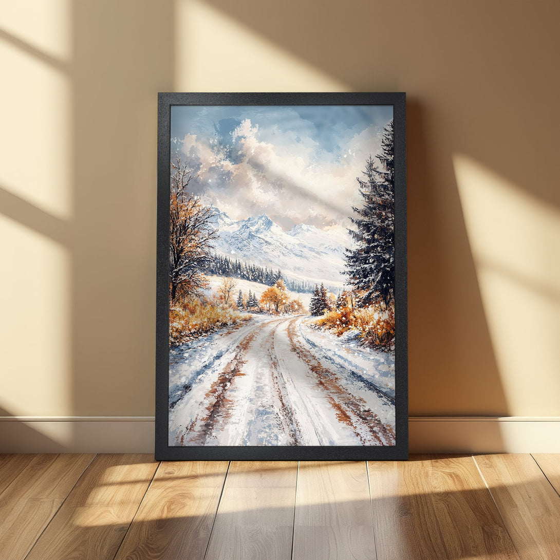 Framed Poster of a snowy mountain road. Impressionistic style with cool blues, whites, and warm golden hues. Perfect wall art for your home.