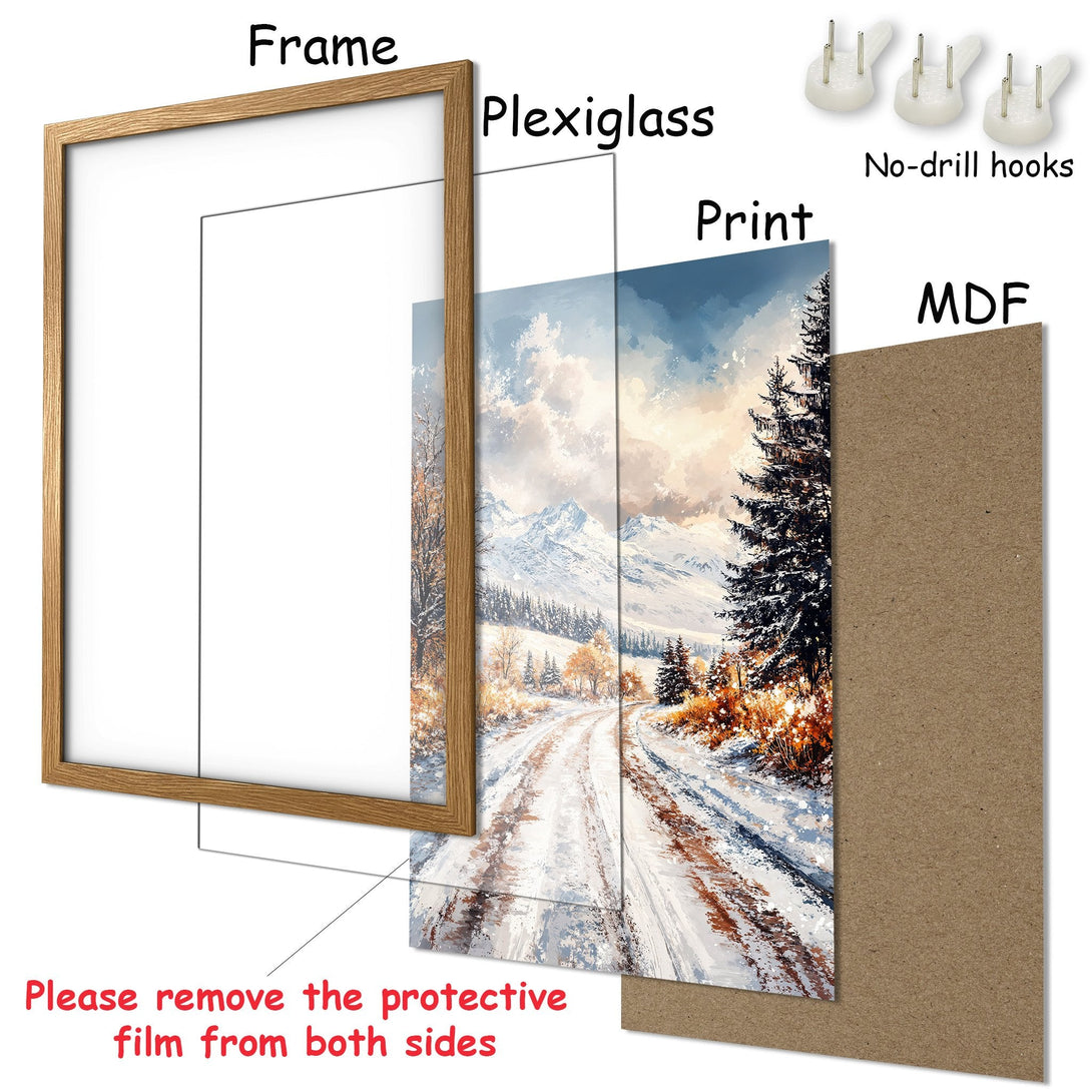 Framed Poster of a winter landscape painting. Featuring snowy mountains, a road, and trees. Earthy tones with cool blues and whites. Ready to hang!