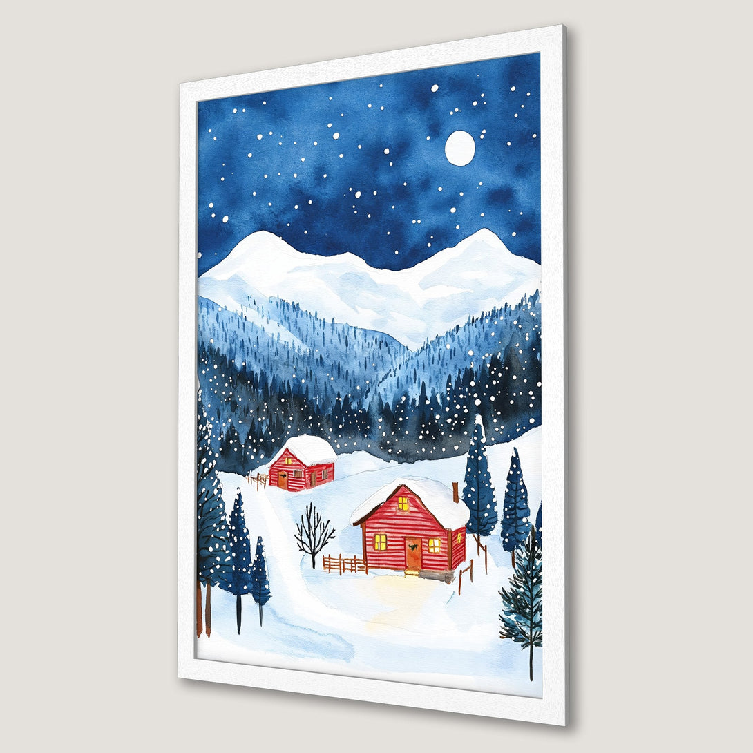 Framed Poster featuring a watercolor winter landscape with red cabins, mountains, and a blue and white color palette. Cozy art for your home!