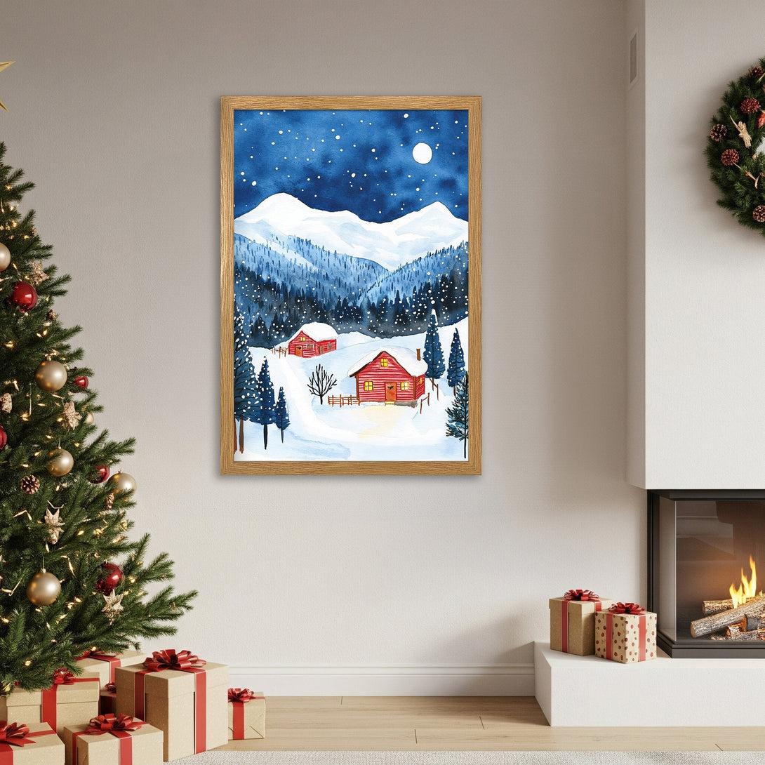 Framed Poster of a winter cabin scene in watercolor style, featuring a blue and white color palette. Perfect Christmas decor!