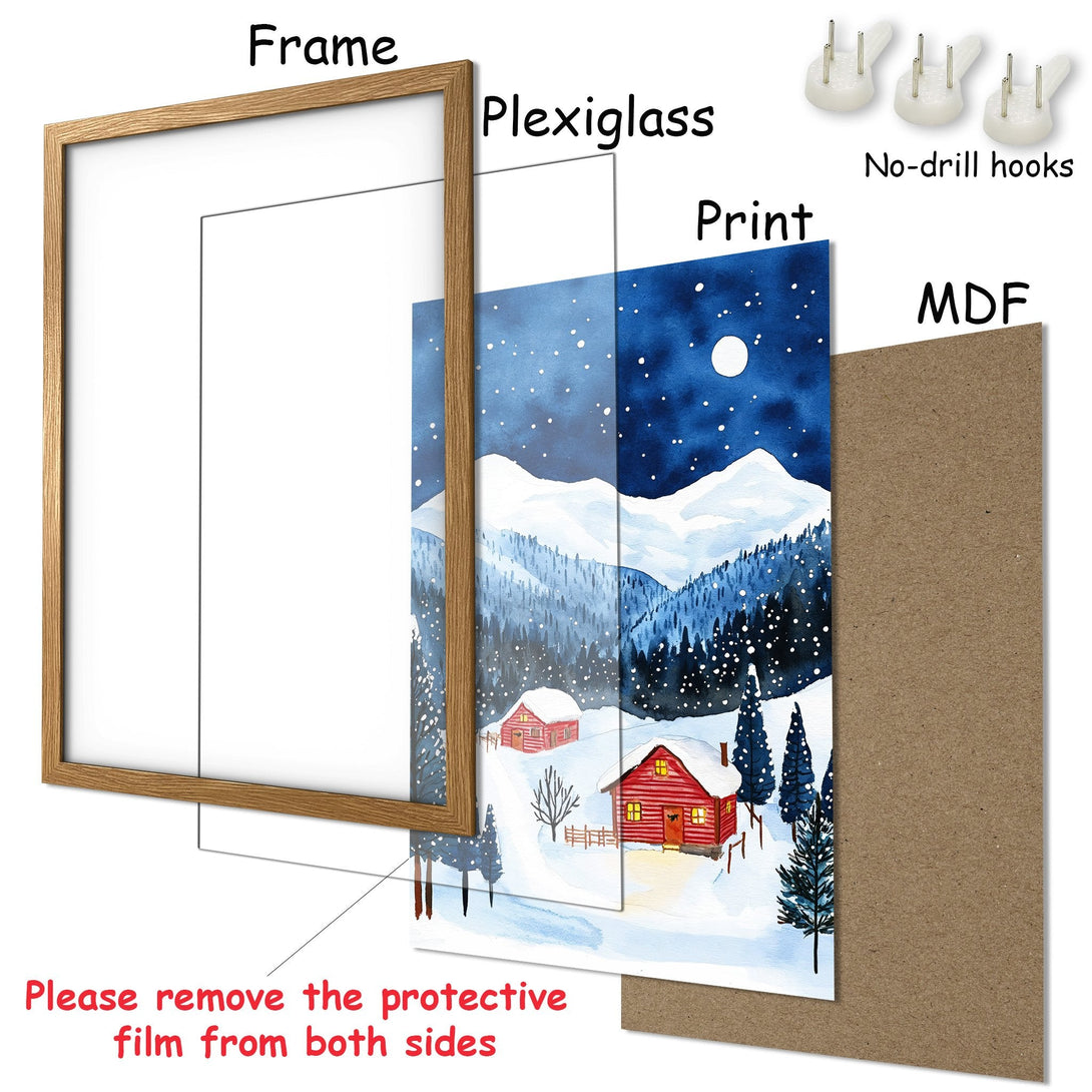 Framed Poster featuring a winter landscape scene in watercolor style with a blue and red color palette. Perfect wall art!