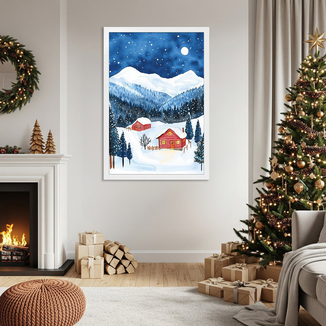 Framed Poster of a winter cabin scene in watercolor style, featuring a blue and white color palette. Perfect holiday decor!