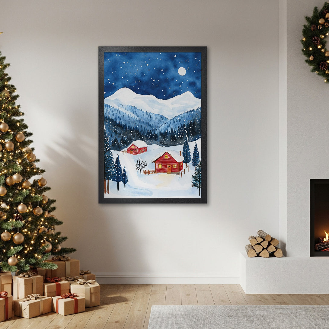 Framed Poster featuring a winter cabin watercolor painting. Cozy, blue and red color palette, perfect for holiday decor.