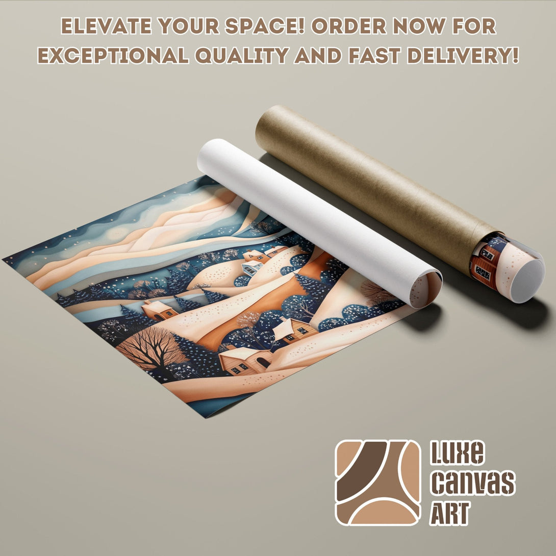 Poster Roll featuring a winter landscape artwork in blue and brown tones. Order now!