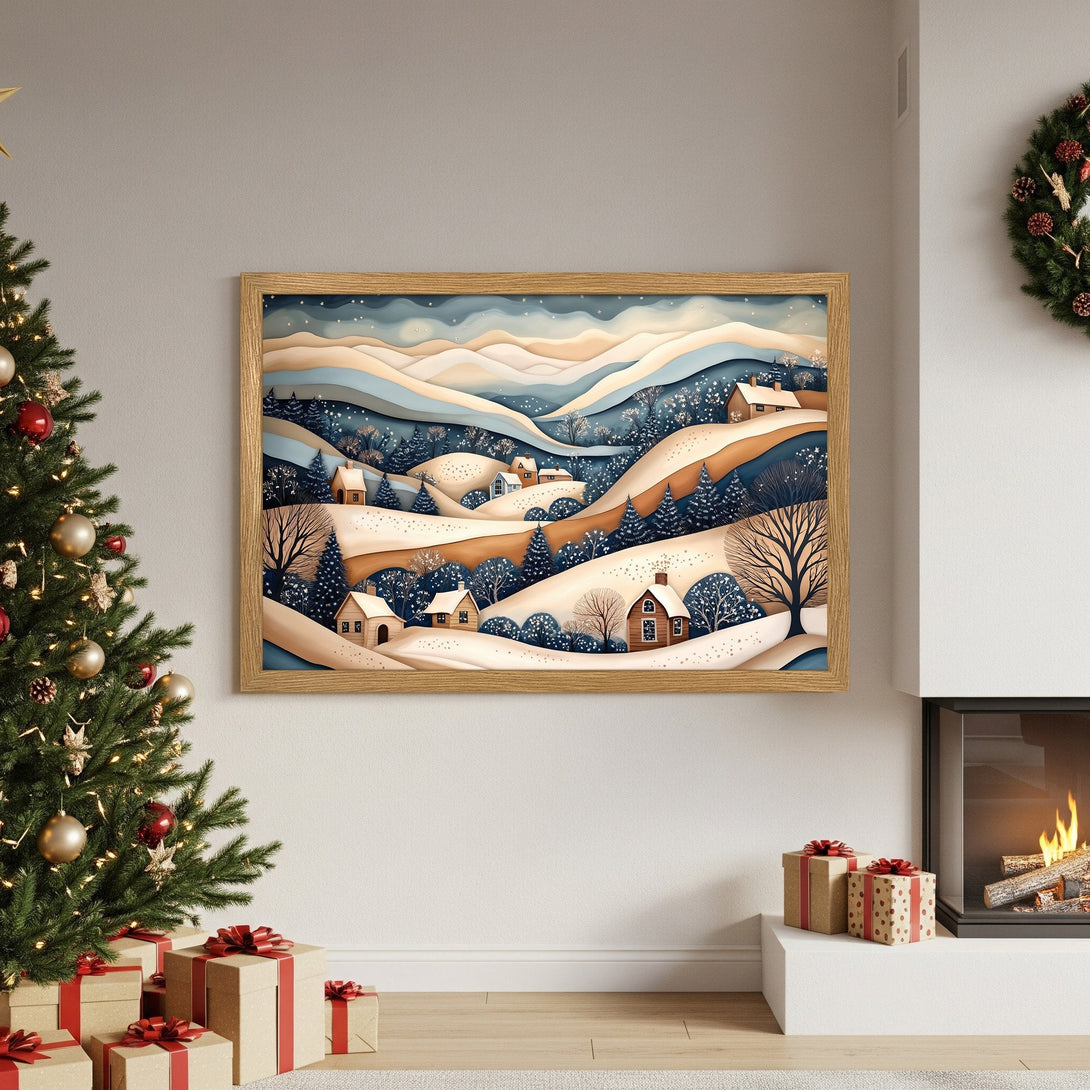 Framed Poster of a winter landscape in a paper cut style, featuring a warm, neutral color palette. Perfect for holiday decor!