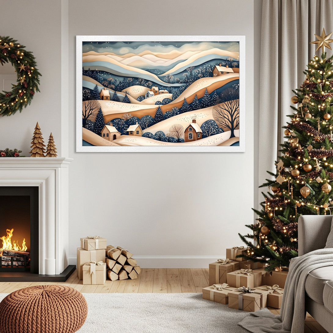 Framed Poster of winter landscape in a cozy home. Features a warm, neutral color palette. Perfect Christmas decor.