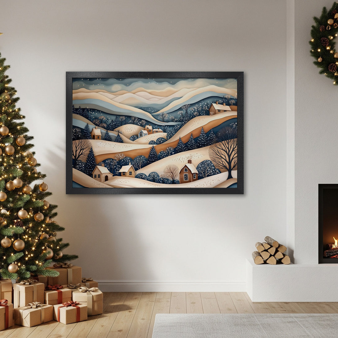 Framed Poster featuring a winter village scene in a whimsical style with blue, brown, and beige tones. Perfect holiday decor!