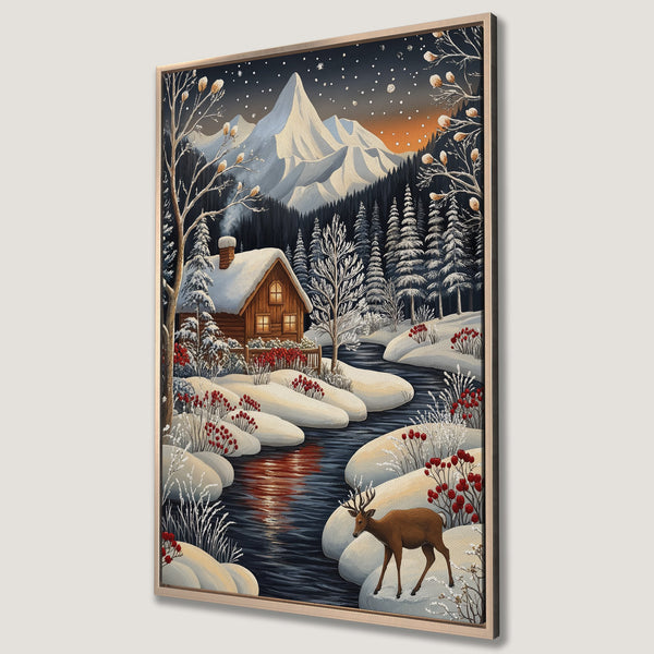 Framed Wall Art of a winter cabin scene with a deer, snowy landscape, and a warm color palette. Perfect for adding a cozy touch to your home.